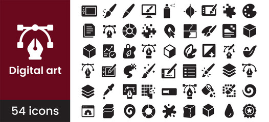 Digital art and graphic design icon set featuring creative vector software tools for illustration projects, including pen, brush, and tablet symbols for artists.

