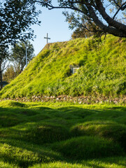 Green roof of traditional turf church in Hof, Iceland