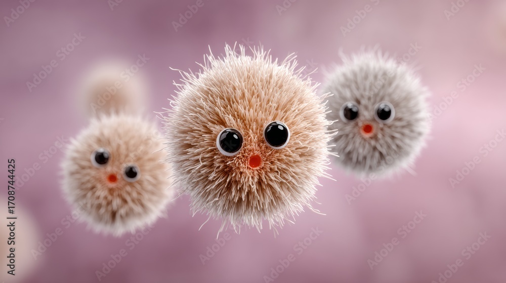 Poster three fuzzy balls with big eyes and red noses. they look like they are having a conversation. scene 