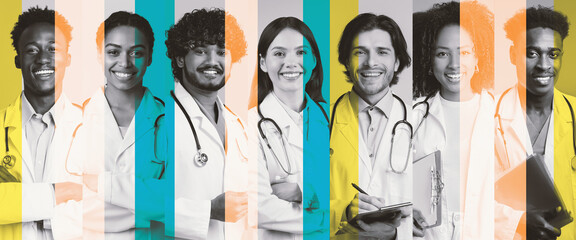 A collage showcases a diverse group of healthcare professionals, including both men and women