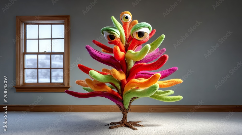 Poster tree made of stuffed animals with a window in the background. the tree is colorful and has a creepy 