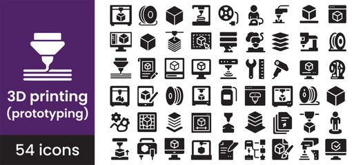 3D printing icon set for technology and manufacturing, featuring a printer, 3D model, and prototype symbols for engineering design. Solid glyph icons illustrate additive manufacturing, rapid prototype