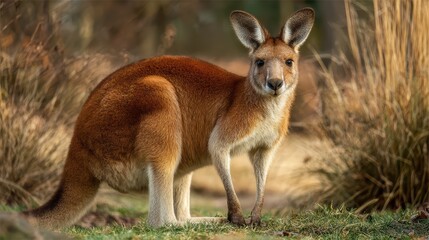A Majestic Red Kangaroo Amidst Golden Grasslands Striking Wildlife Scene for Branding and Marketing Initiatives, Inspiring Sense of Adventure and Exotic Beauty.