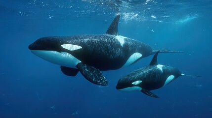 Fototapeta premium Stunning Moment of an Orca Mother and Calf Swimming Gracefully in the Ocean Blue Ideal for NatureFocused Projects, Evoking Tranquility and Inspiring Awe.