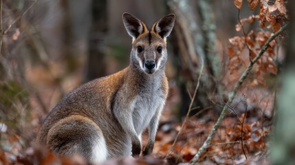 Majestic Red Kangaroo Standing Amidst Autumn Woods A Stunning Image for NatureFocused Marketing Campaigns, Inspiring Tranquility and Serenity.