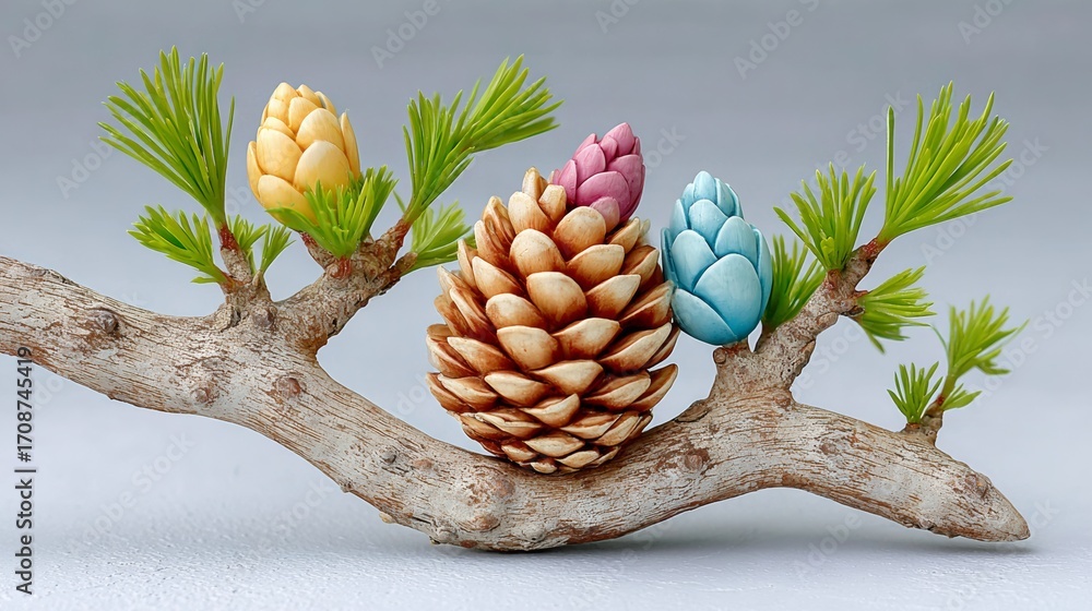 Poster branch with a pinecone and three other pinecones on it. the pinecone in the middle is yellow and the
