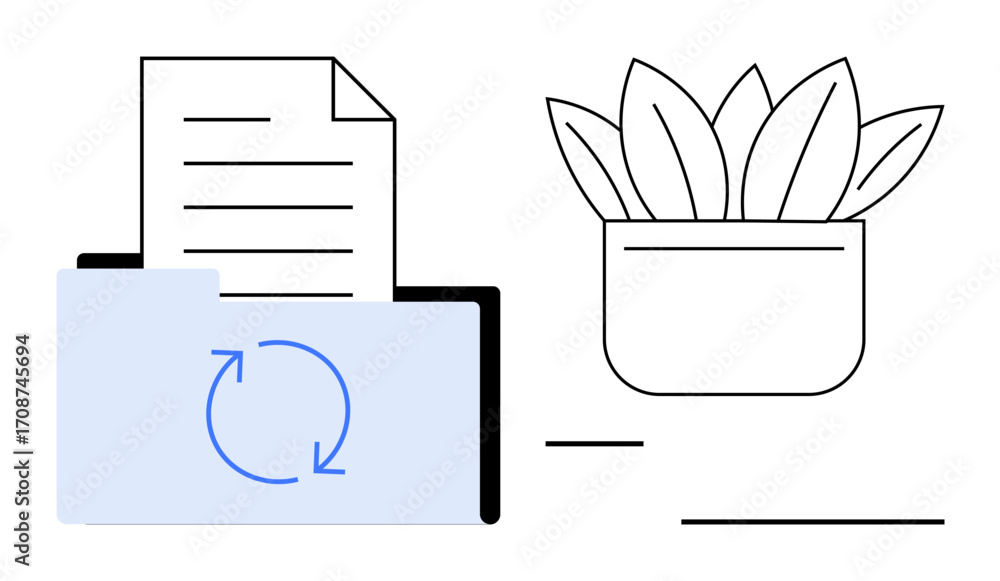Poster document in folder with sync arrows next to potted plant, combining practicality and greenery. ideal