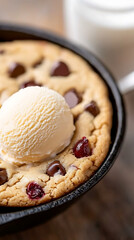 Indulge in a warm skillet cookie topped with a scoop of creamy vanilla ice cream and sweet bursts of cherries—a dessert lover's dream!