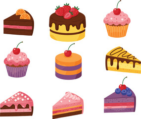 
Collection of sweet desserts including assorted cakes, cupcakes, and slices with different flavors and toppings, flat vector illustrations