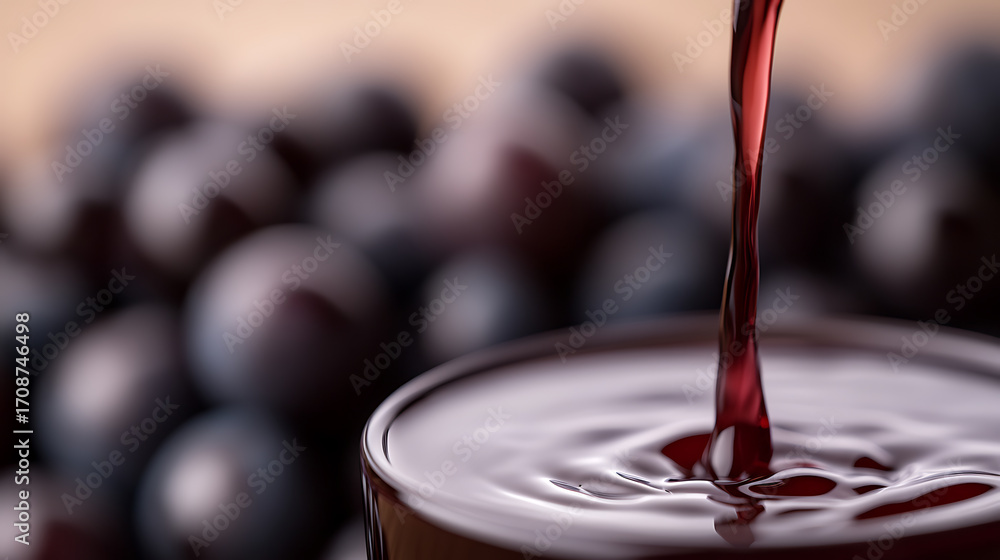 Poster red juice is poured into a glass in front of grapes with beautiful water ripples from the stream of 