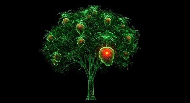 Glowing Green Mango Tree Digital Art: A Vibrant Wireframe Illustration of a Lush Mango Tree with Ripe Fruits Against a Dark Background