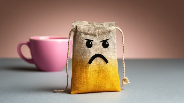 Bag with a frowning face on it sits on a table next to a pink cup. The bag is made of a material that looks like a tea bag, and it is unhappy