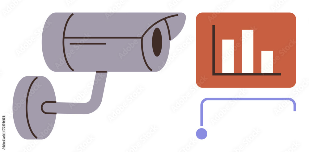 Poster surveillance camera paired with a bar graph analysis panel, emphasizing monitoring, progress trackin