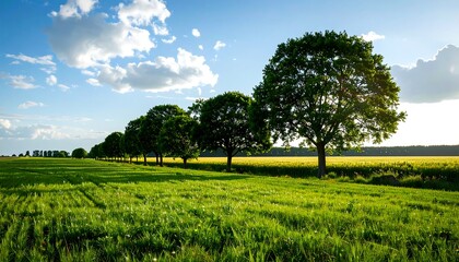 Grassy field extends towards a line of trees under a blue, partly cloudy sky