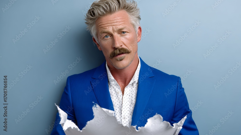 Poster man in a blue suit is holding a piece of paper that is torn. he has a mustache and is looking at the