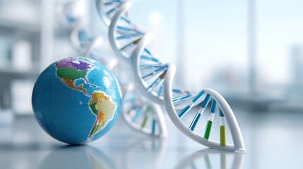 DNA strand model and globe with climate zones in biotech lab presentation, genetic adaptation theme
