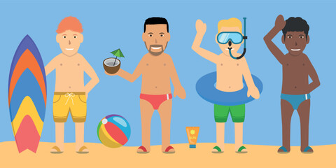 Male Swimsuit Bather Characters. Blonde, Black and Red Hairs, White, Brown and Black Skins, Wearing Shorts or Swim Trunks.