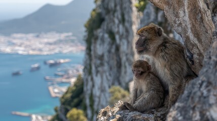 Naklejka premium Two Playful Monkeys Sitting on a Rocky Cliffside Near the Water, Ideal for Lifestyle and NatureFocused Projects, Evoking a Sense of Tranquility.