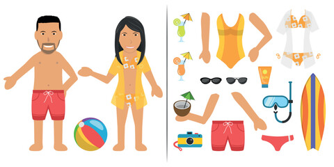 Couple Swimsuit Bather Character - Brown Character Black Haired, Man Wearing a Red Shorts and Woman Wearing a Orange Bikini. Customization Items Included.