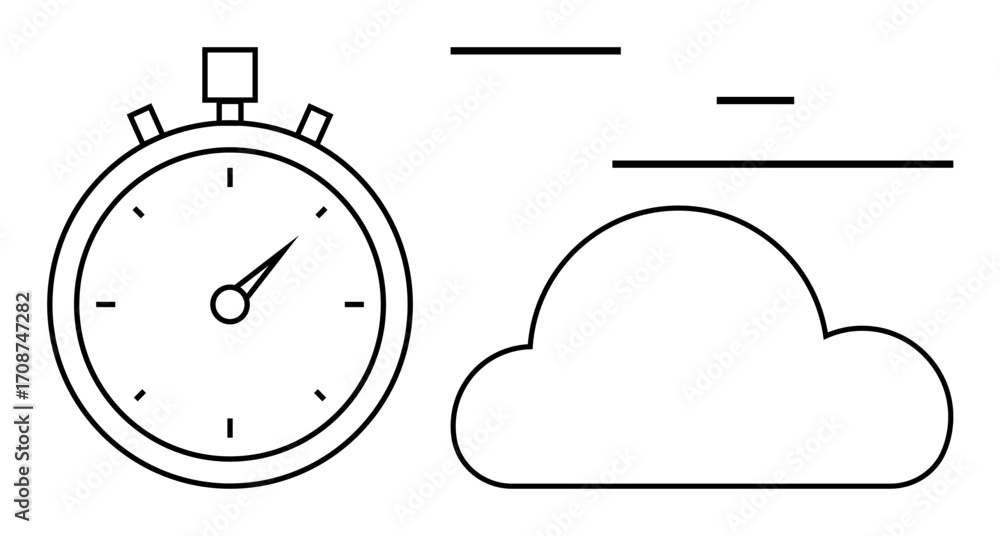 Poster stopwatch next to a cloud with dynamic lines suggesting speed, punctuality, and cloud computing. ide