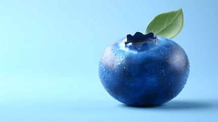 Single ripe blueberry with a green leaf and water droplets on a soft blue background