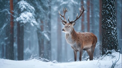 Majestic Stag Basking in Winter Tranquility, Forest Backdrop Perfect for NatureInspired Projects, Invoking a Sense of Serenity and Calm.