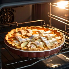 Apple pie baking in oven
