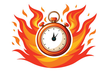 Orange Stopwatch Surrounded by Stylized Flames on White Background timer time