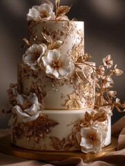 luxurious opulent cake with intricate edible gold leaf details, deep cream and champagne tones