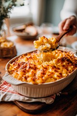 This warm serving of macaroni and cheese showcases a golden top and creamy texture. It is being served from a dish on a rustic wooden table, perfect for family gatherings