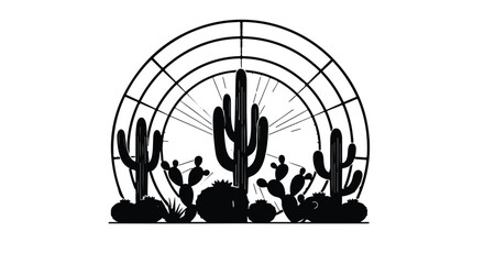 Stylized desert landscape with saguaro and prickly pear cacti under a geometric sun