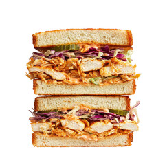 Delicious BBQ Chicken Sandwich with Coleslaw and Pickles on Soft Bread on transparent background