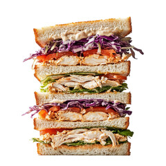 Delicious stacked chicken sandwich with fresh vegetables and creamy dressing, perfect for a satisfying meal or snack on transparent background