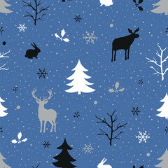 Winter Forest Seamless Pattern. Christmas Print. Winter Woods with Animals, Trees, Snowflakes, Snow, Leaves, Berries. White, Gray, Black Silhouettes. Template. Vector Illustration on Blue Background