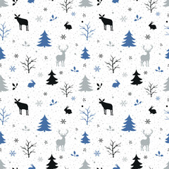 Winter Forest Seamless Pattern. Christmas Print. Winter Woods with Wild Animals, Trees, Snowflakes, Leaves, Berries. Blue, Gray, Black Silhouettes. Template. Vector Illustration on White Background