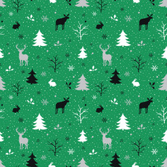 Winter Forest Seamless Pattern. Christmas Print. Winter Woods with Animals, Trees, Snowflakes, Snow, Leaves, Berries. White, Gray, Black Silhouettes. Template. Vector Illustration on Green Background