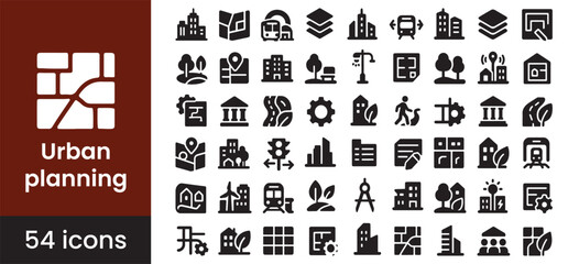 Urban planning and city development icon set with sustainable architecture symbols, featuring building, infrastructure, and map icons for municipal projects.

