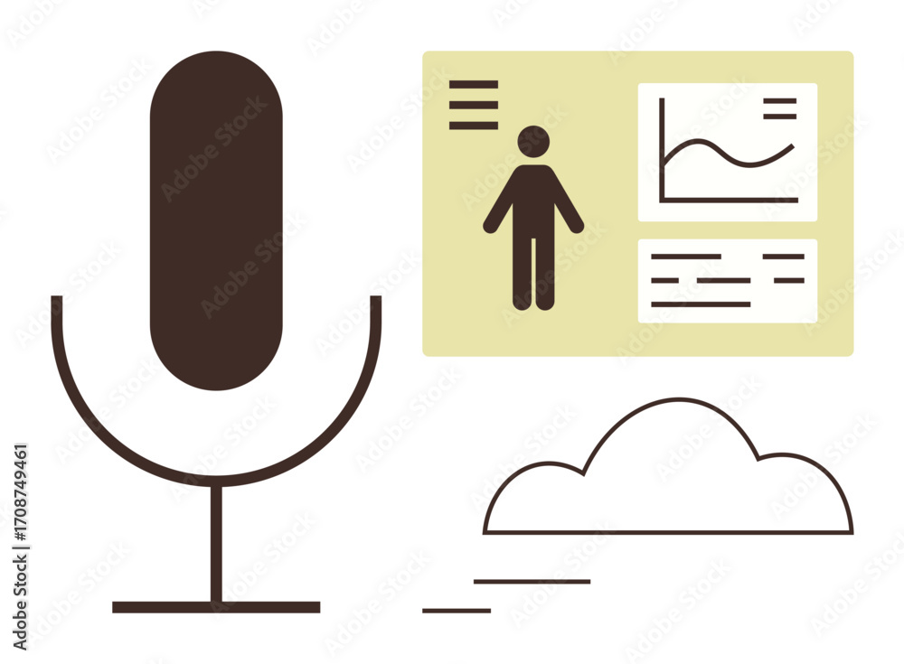 Aufkleber microphone, analytics dashboard with graph and user profile, cloud element. ideal for podcasting, da