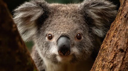 Naklejka premium Charming Closeup Portrait of a Grazing Koala Phascolarctos Cinereus Perfect for Naturefocused Projects, Evoking Calm and Tranquility.