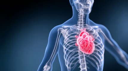 Skeleton with a red heart on its chest. The heart is located in the center of the chest, slightly to the left of the skeleton's rib cage