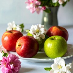 Apples and blossoms on a plate