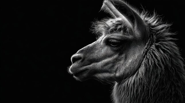 Striking Black Background Portrait of a Curious Llama, U Portrait Of Llama Ar V . De C C Bbe Dab, Ideal for HighEnergy Campaigns and Fashion Lifestyle Branding Evokes a Sense of Intrigue.
