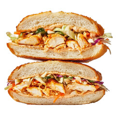 Delicious Grilled Chicken Sandwich with Fresh Vegetables and Spicy Sauce, Perfect for Lunch or Dinner on transparent background