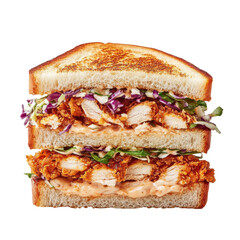 Crispy Fried Chicken Sandwich with Fresh Slaw and Spicy Sauce on Toasted Bread on transparent background