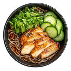 Delicious Chicken Soba Noodle Bowl with Fresh Vegetables and Sesame Dressing on transparent background
