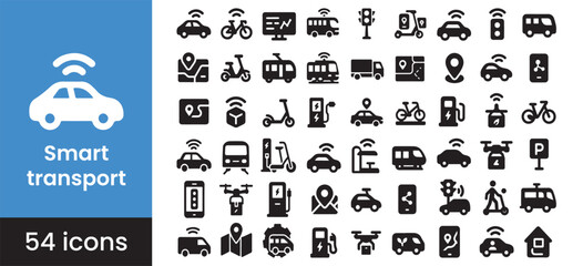 Smart transport and city mobility icon set for autonomous car and electric vehicle technology, featuring symbols for future urban transportation systems.

