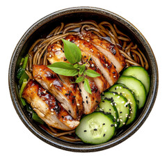 Grilled Chicken Soba Noodle Bowl with Fresh Cucumbers and Herbs in a Rustic Setting on transparent background