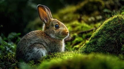 Fototapeta premium Adorable Woodland Petite Rabbit Observing Scenic Vista, Ideal for NatureFocused Projects Boosts Serene Calm Feelings.