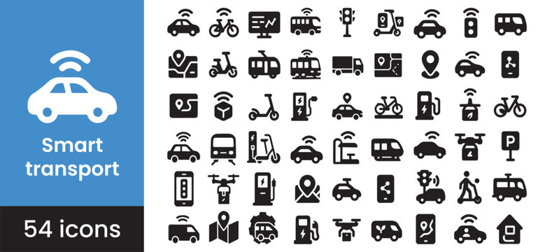 Smart transport and city mobility icon set for autonomous car and electric vehicle technology, featuring symbols for future urban transportation systems.

