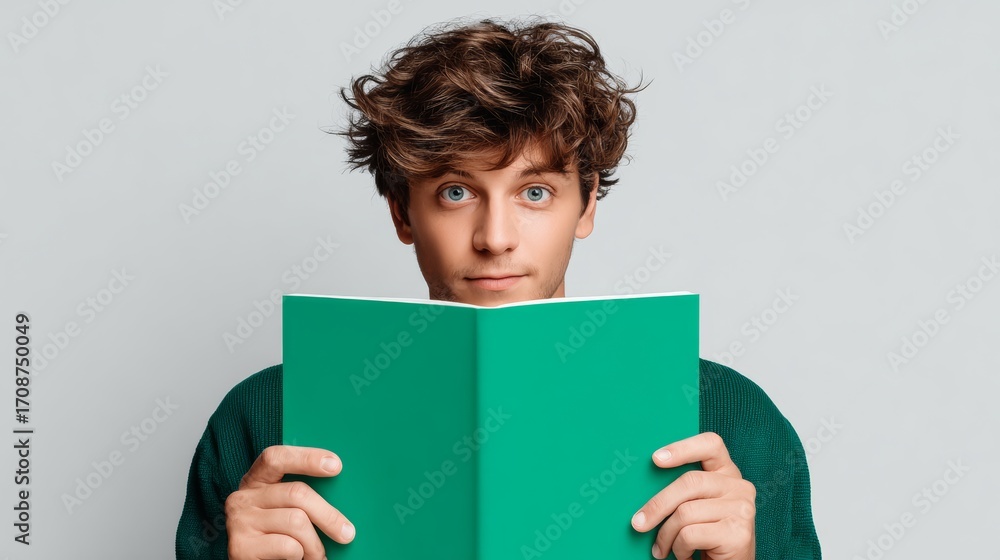 Poster man is holding a green book and looking at the camera. the book is open to a page with a picture of 